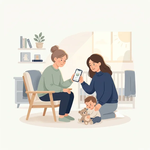 A nanny and a mother looking together at a phone showing the day’s care record, while a toddler plays on the nursery floor with a teddy bear