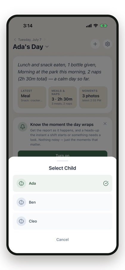 Select-child sheet for Ada, Ben and Cleo: every child's day kept separate and attributed to the right child, never mixed up