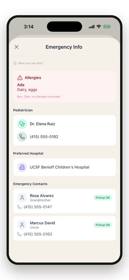 Carelio Emergency Info sheet: allergies, pediatrician, preferred hospital and pickup-authorized contacts — one tap away and kept current by the family