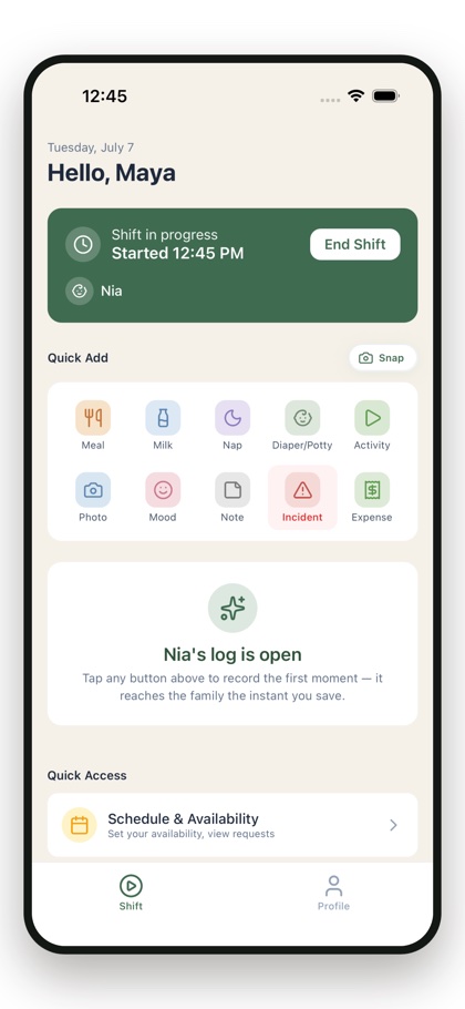 A nanny's one-tap quick-log grid, built for one-handed use during a shift — the grid reorders to each child's age, so logging a meal or nap takes a tap, no typing