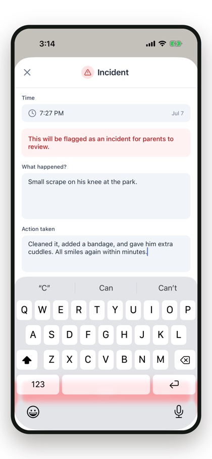 A caregiver logging an incident on the record — a small scrape at the park, cleaned, bandaged and soothed, flagged for the parents to review — documentation that protects the family and the caregiver alike
