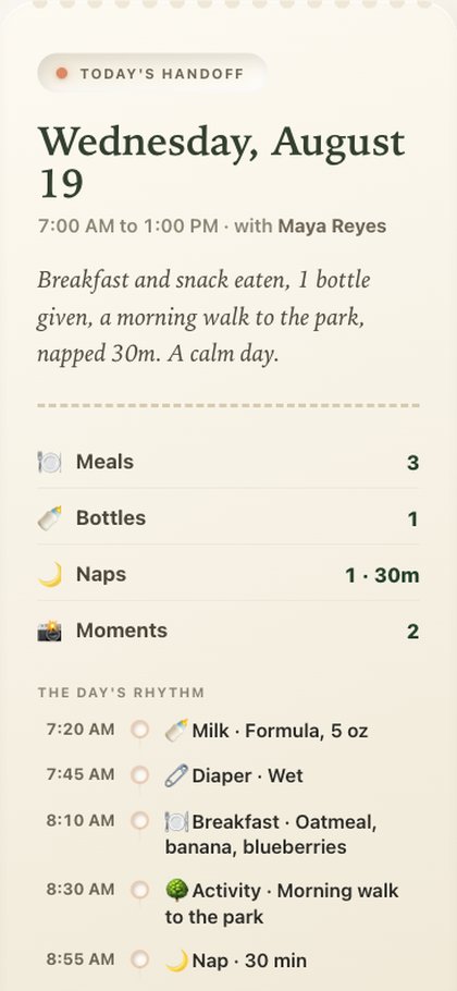 The care day report a family receives as a simple private link: the date, the hours with the caregiver's name, a plain-language summary of the day, and counts for meals, bottles, naps and photo moments.