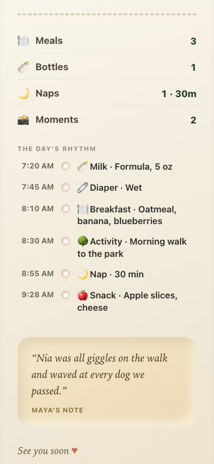 The shared web report's day rhythm: every event in order with its time, milk, a diaper, breakfast, a morning walk, a nap and a snack, ending with the caregiver's own note to the family.