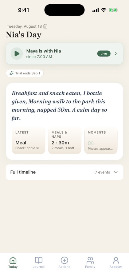 Carelio's parent app on the Today tab, one of five tabs (Today, Journal, Actions, Family, Account), showing Nia's day: a live shift, a plain-language summary of meals, a bottle, a park walk and a nap, with quick cards for the latest event, meals and naps, and photos.